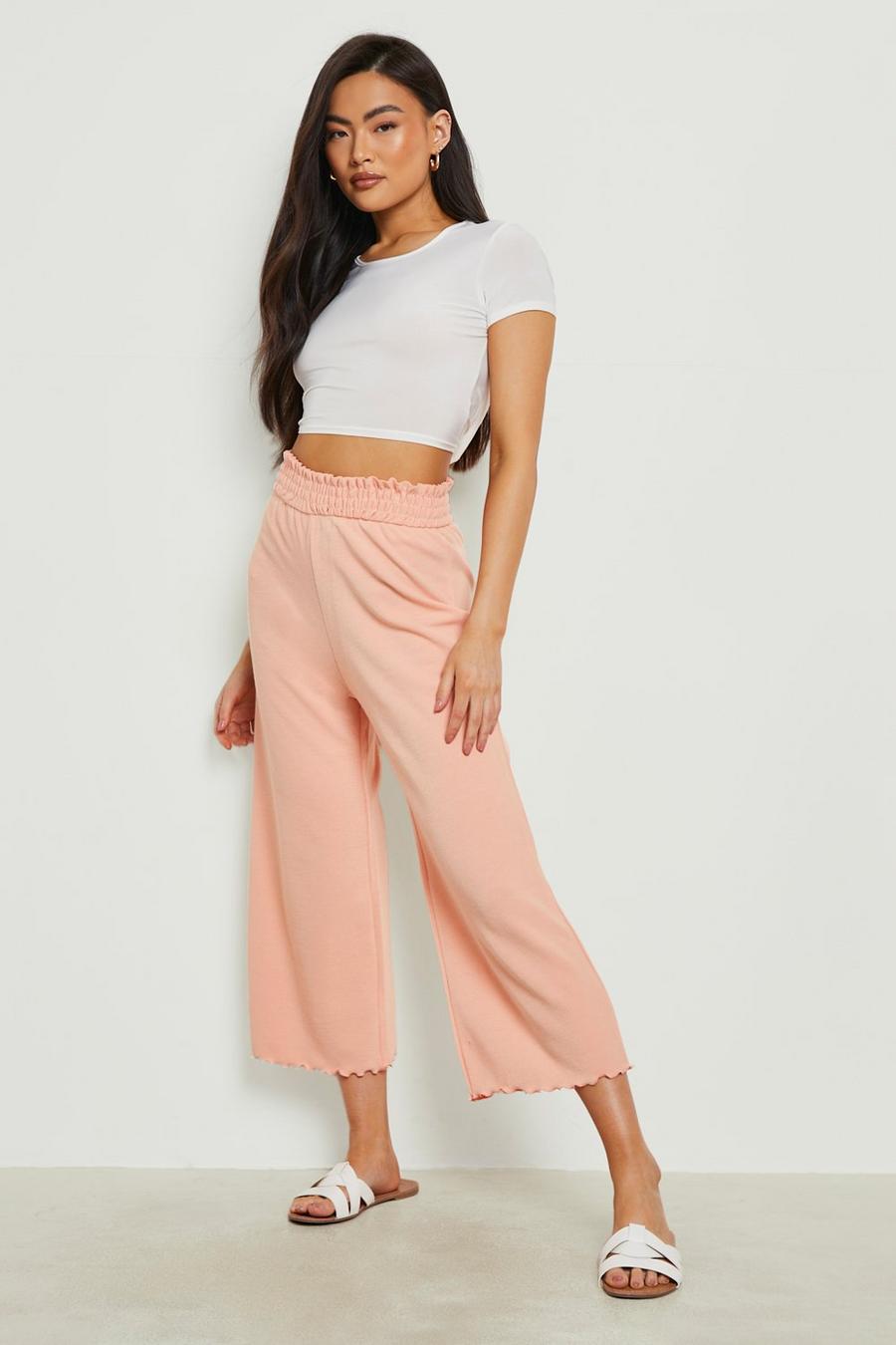Peach Shirred Waist Ribbed Culotte Pants image number 1