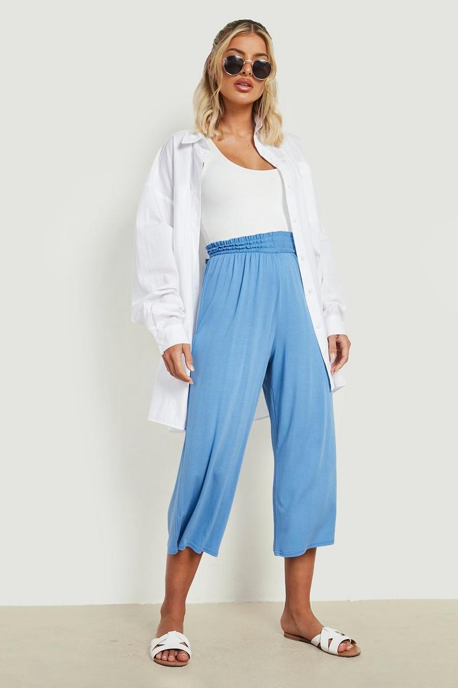 Blue Shirred Waist Jersey Culotte Pants image number 1