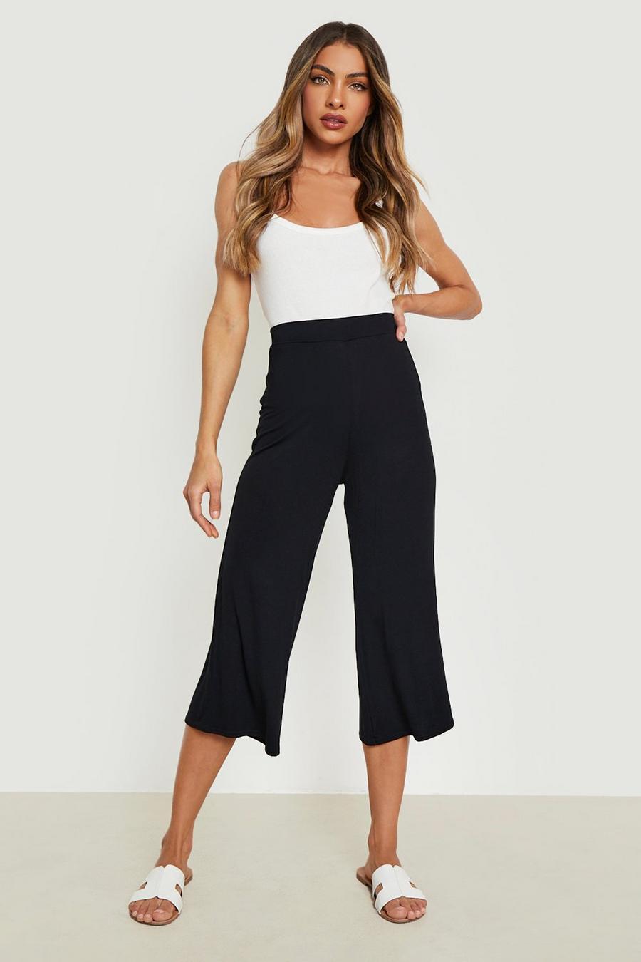 Black Basic Jersey Wide Leg Culotte Trousers image number 1