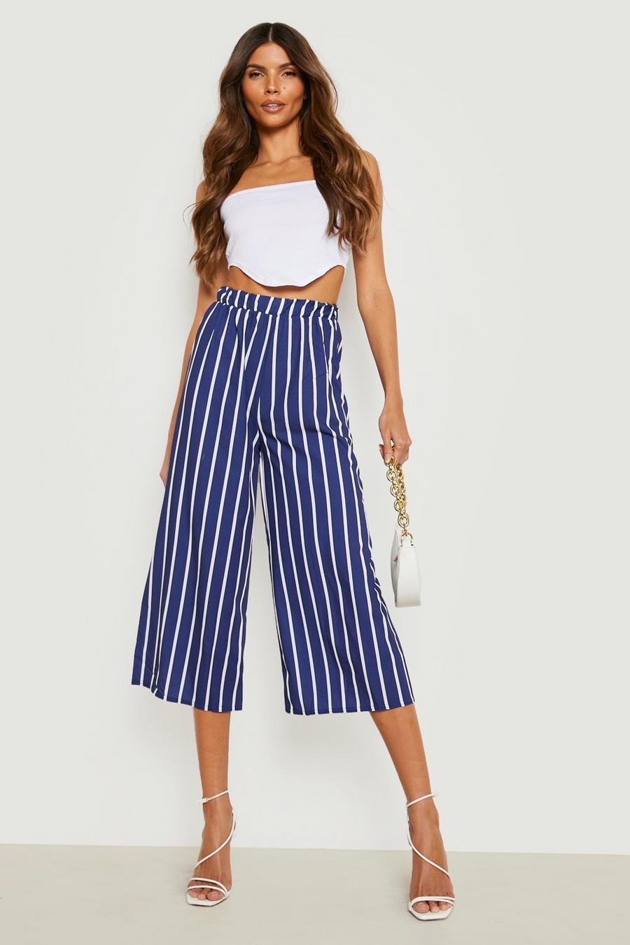 Navy High Waisted Pinstripe Culotte Pants image number 1