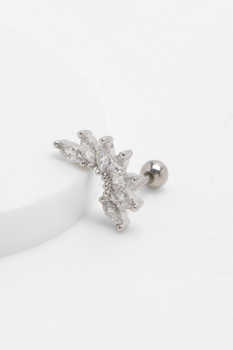 Silver Crystal Floral Tragus Earring
