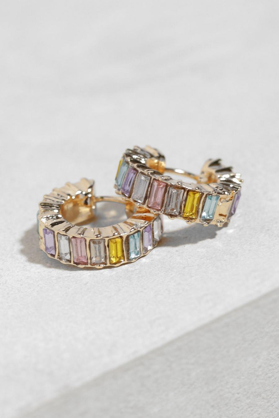 Multi Mini Rainbow Baguette Diamante Huggie Hoop Earrings image number 1