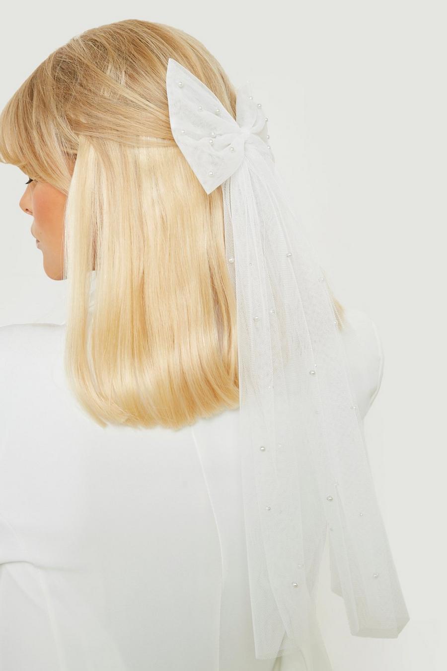 Braut-Schleier mit großer Perlen-Schleife, White blanc