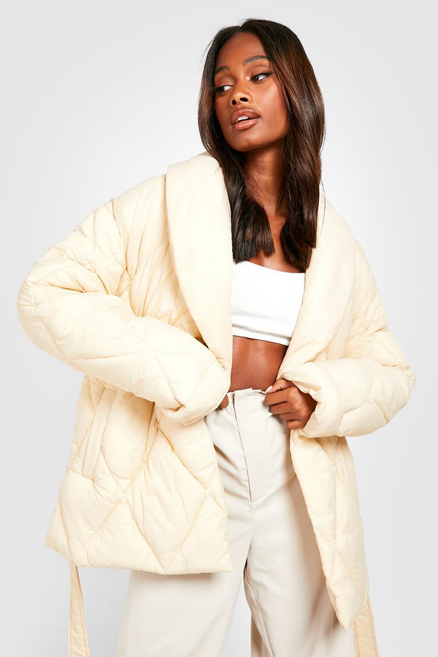 Cream Diamond Quilted Wrap Puffer image number 1