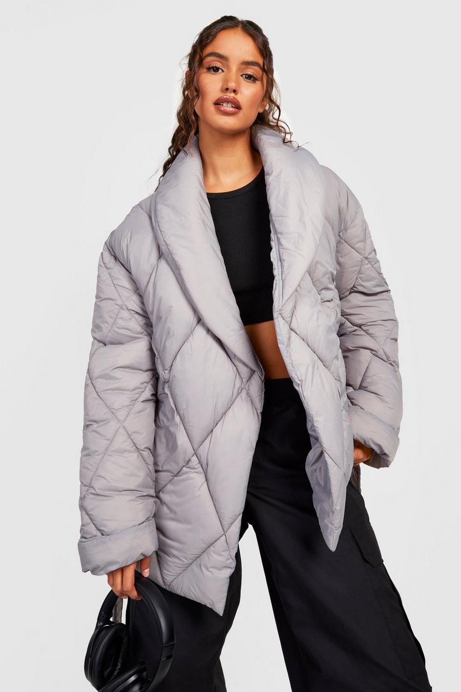 Charcoal Diamond Quilted Wrap Puffer  image number 1