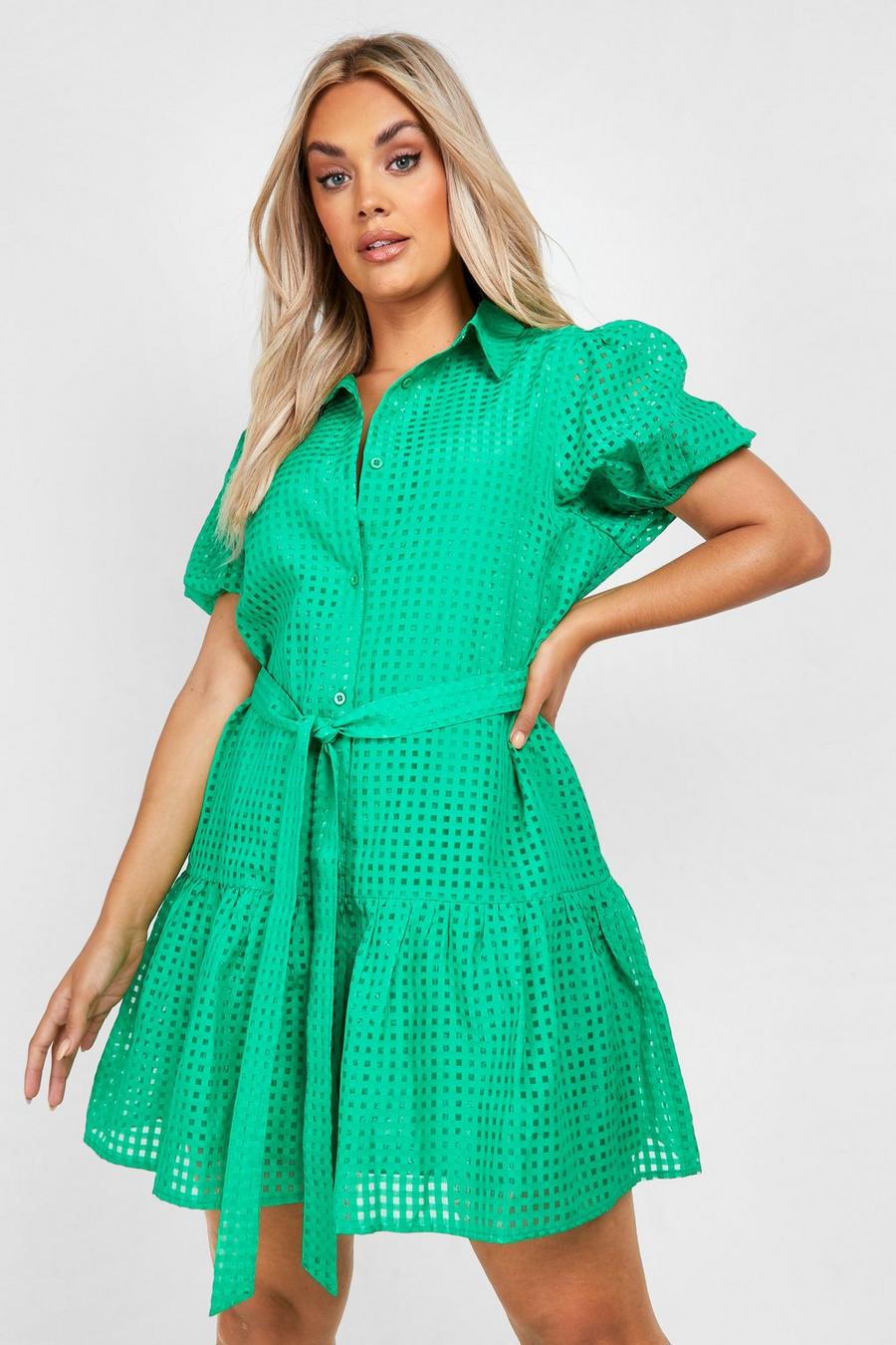 Green Plus Organza Puff Sleeve Belted Skater Dress