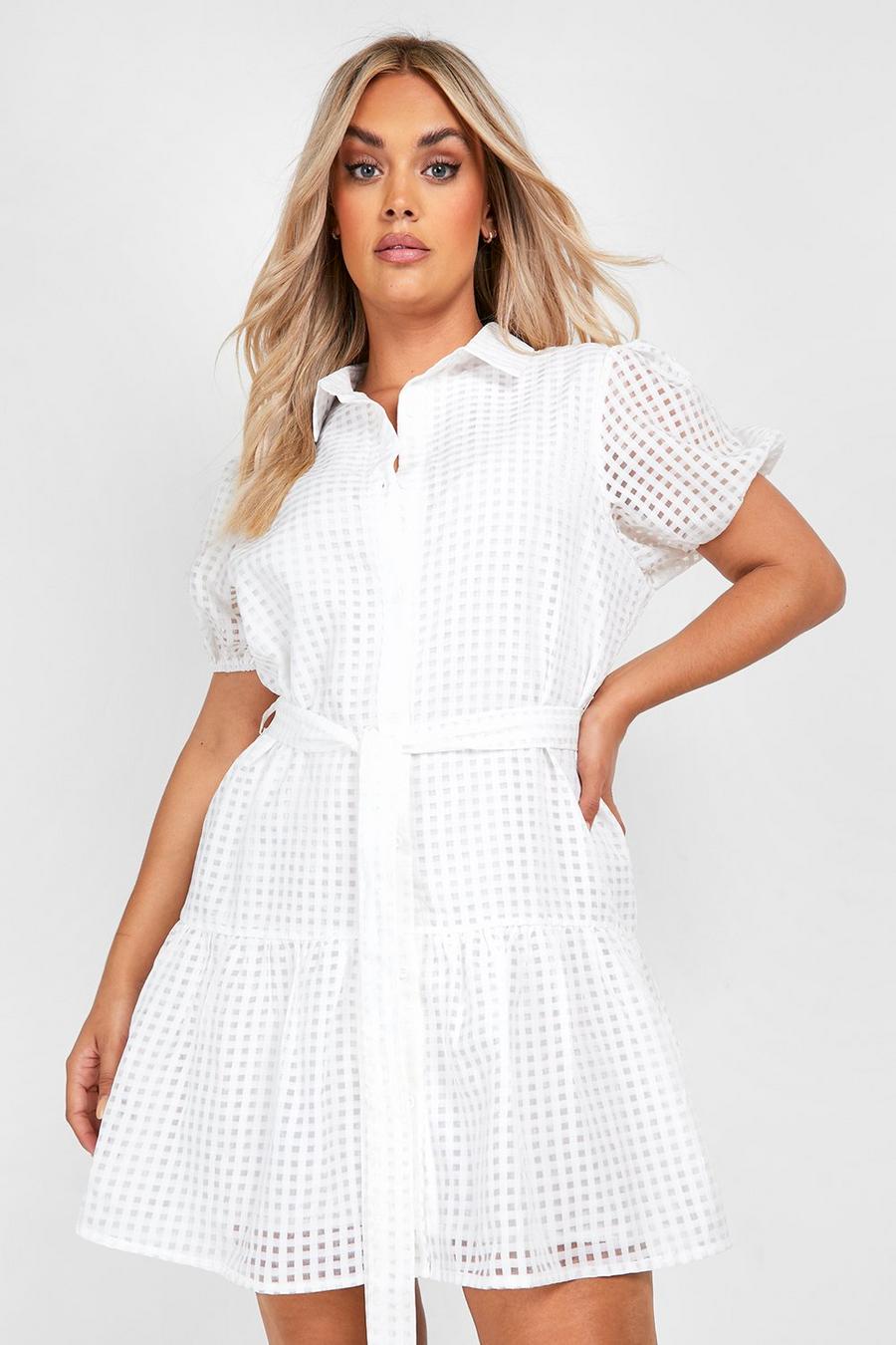White Plus Organza Puff Sleeve Belted Skater Dress image number 1