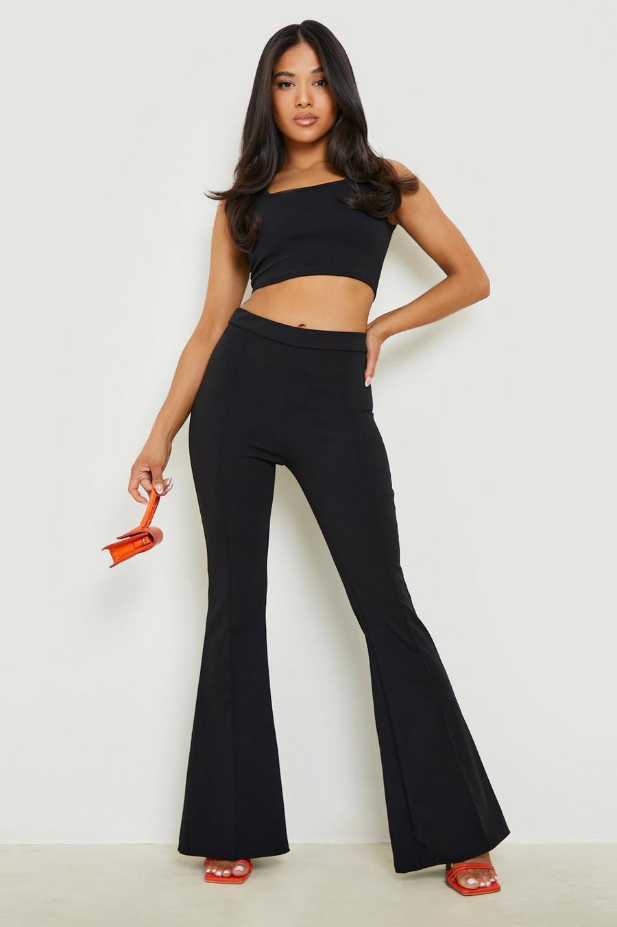 Black Petite Crop Top And Seam Detail Flared Two-Piece
