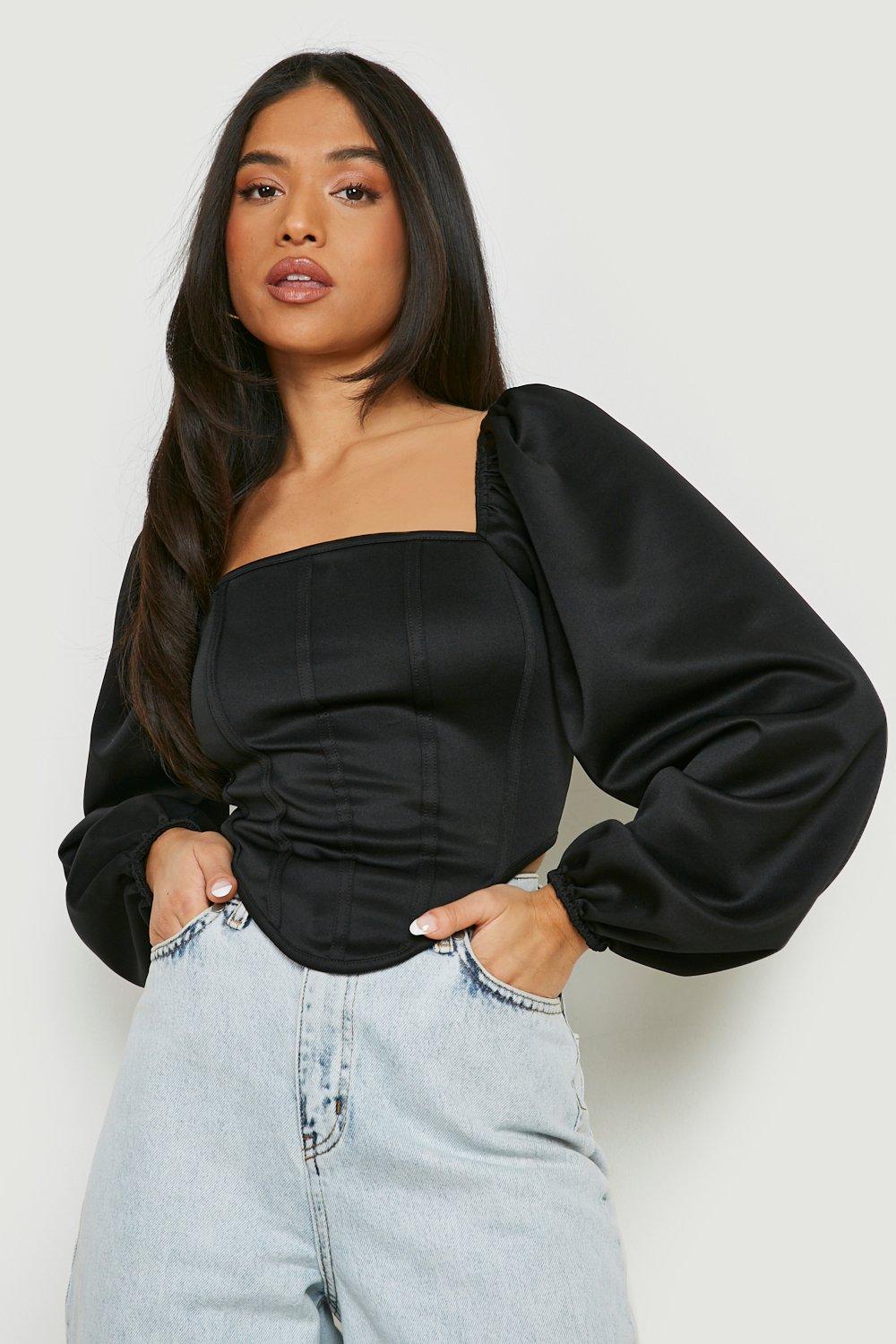 Women s Black Petite Puff Sleeve Dipped Hem Corset Top Boohoo UK