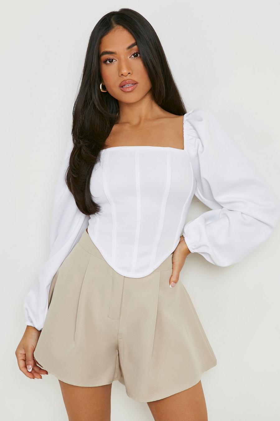 White Petite Puff Sleeve Dipped Hem Corset Top image number 1