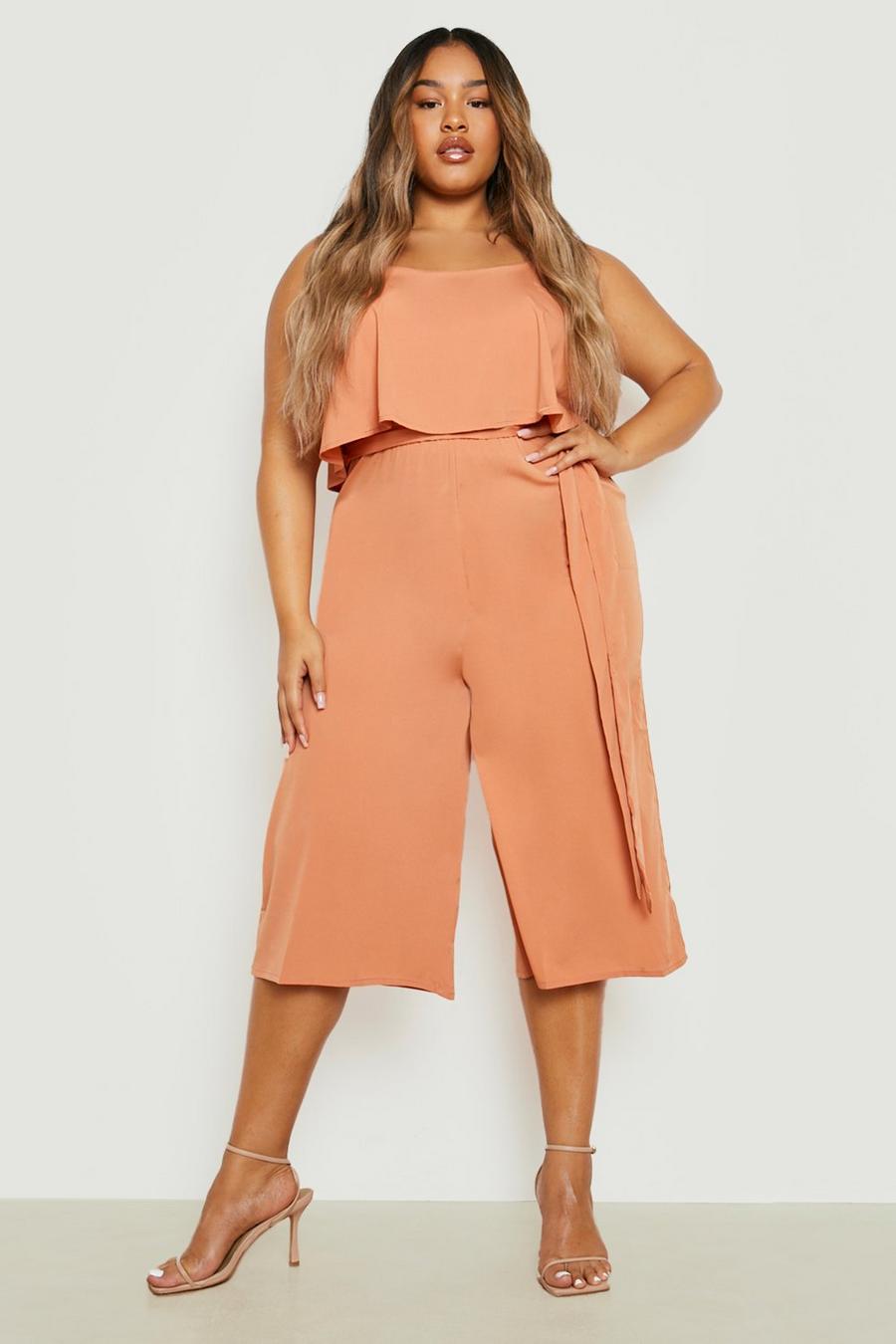 Apricot nude Plus Ruffle Belted Culotte Jumpsuit  image number 1