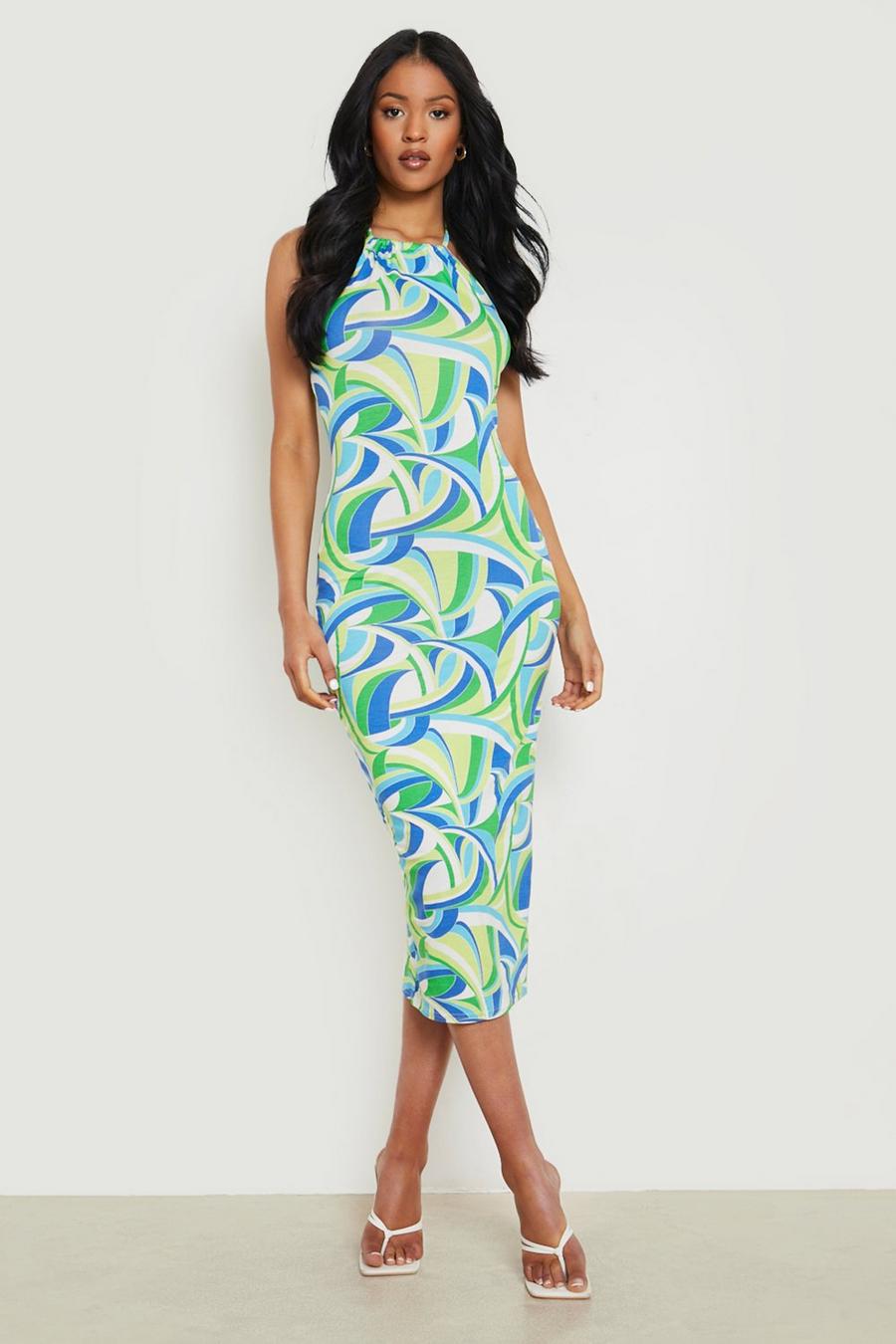 Green Tall Abstract Print Halter Neck Midi Dress image number 1