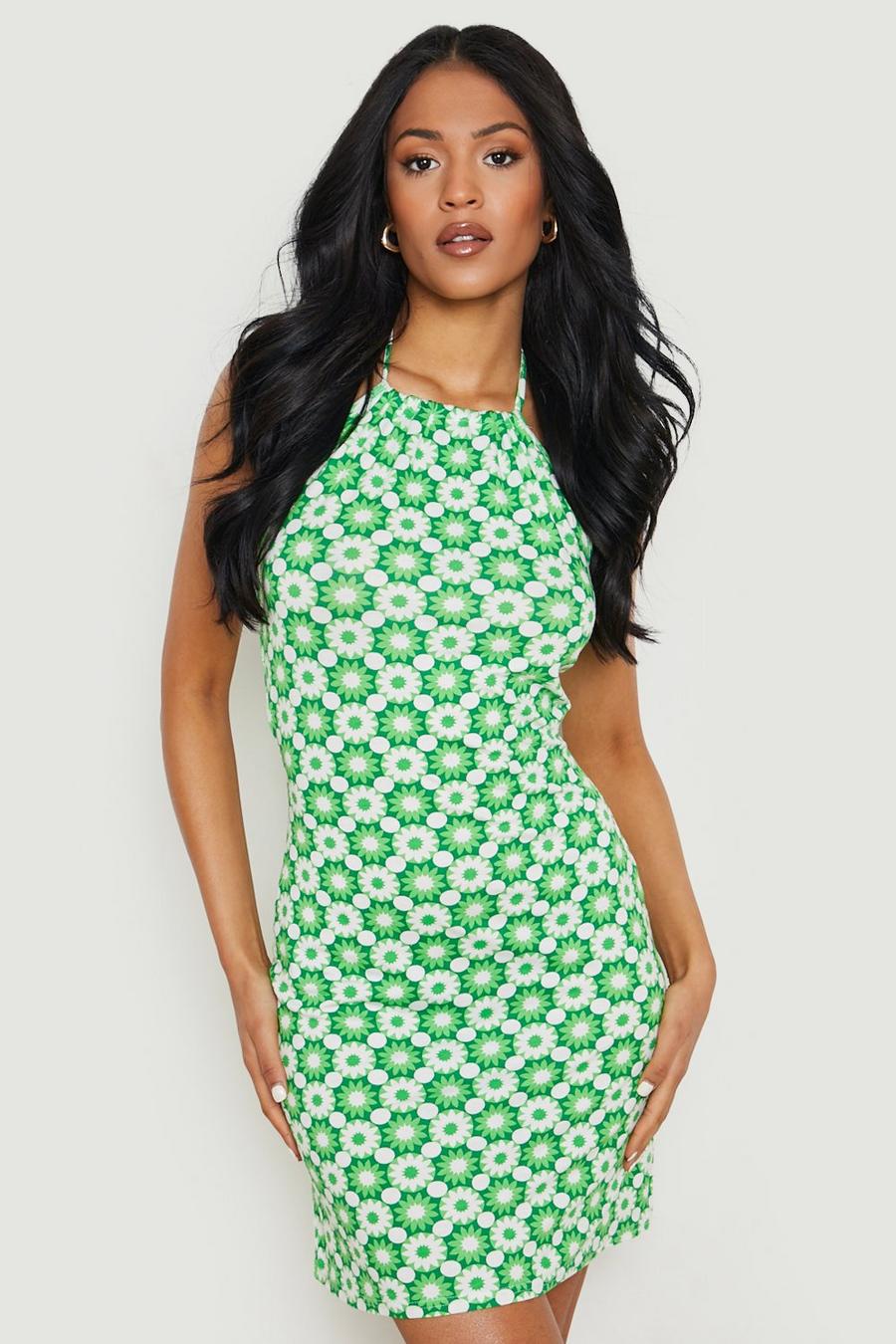 Green Tall Tile Print Halter Dress image number 1
