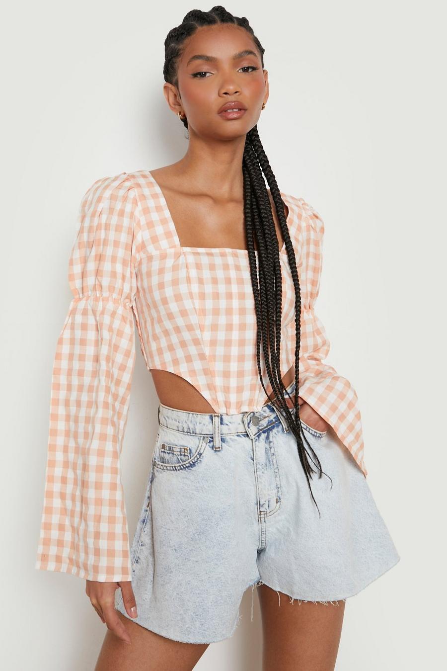 Apricot nude Tall Flare Sleeve Gingham Corset Top