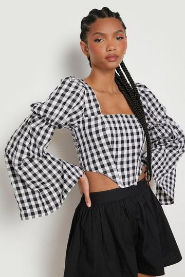 Tall Flare Sleeve Gingham Corset Top black