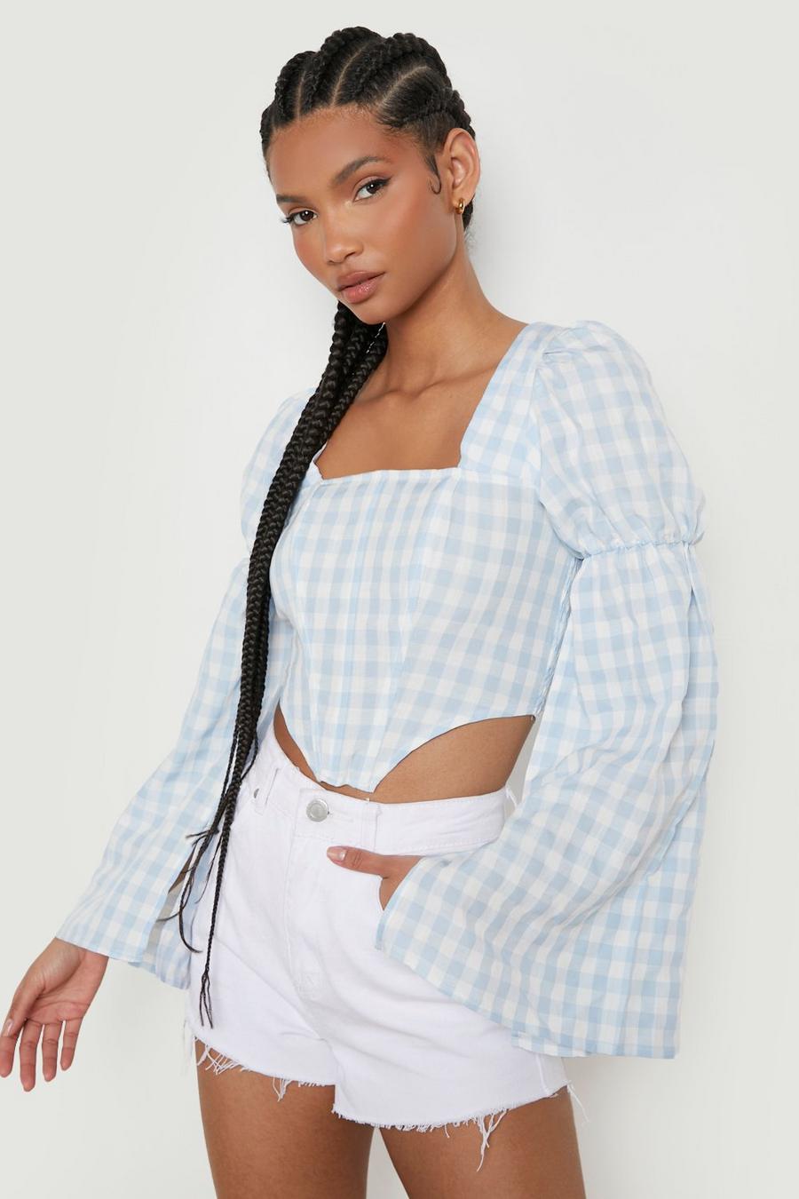 Pastel blue Tall Flare Sleeve Gingham Corset Top image number 1
