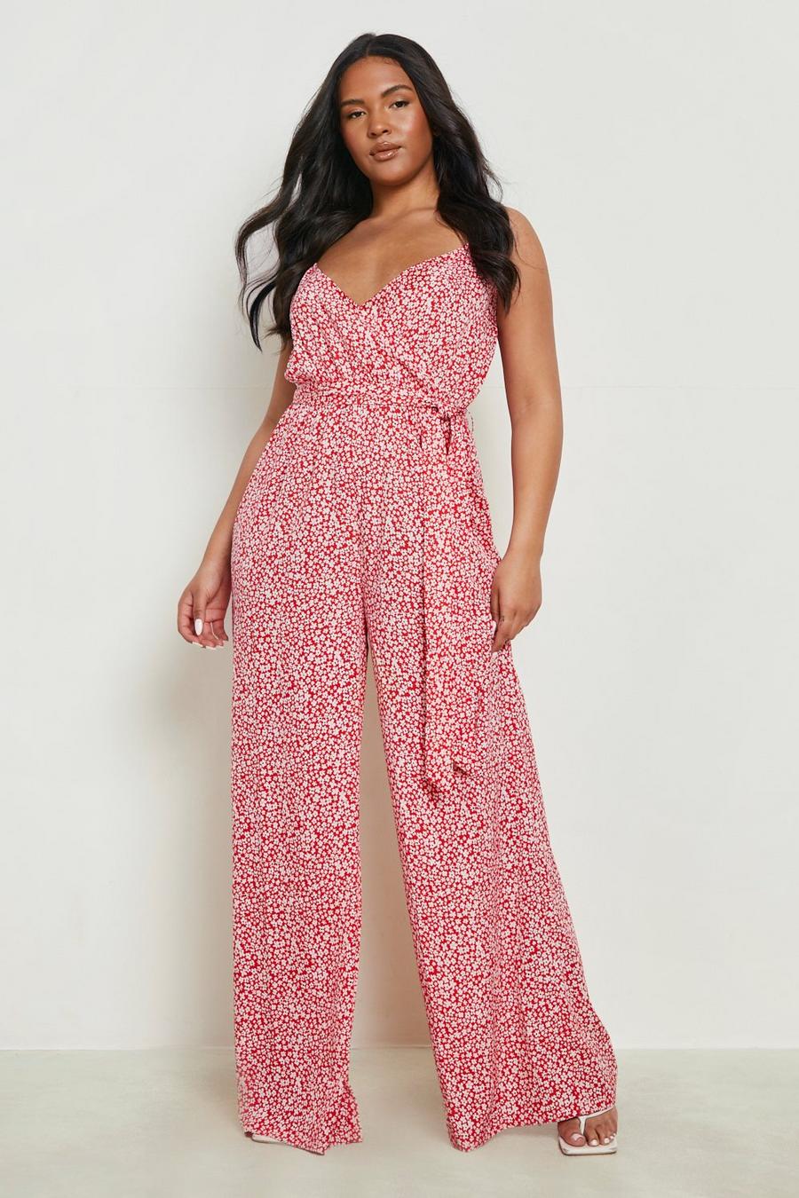 Red Plus Woven Strappy Ditsy Floral Jumpsuit image number 1