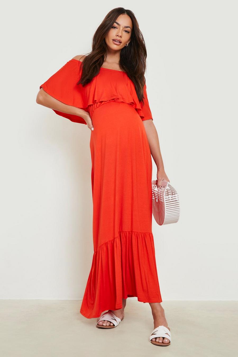 Orange Maternity Bardot Frill Hem Maxi Dress image number 1