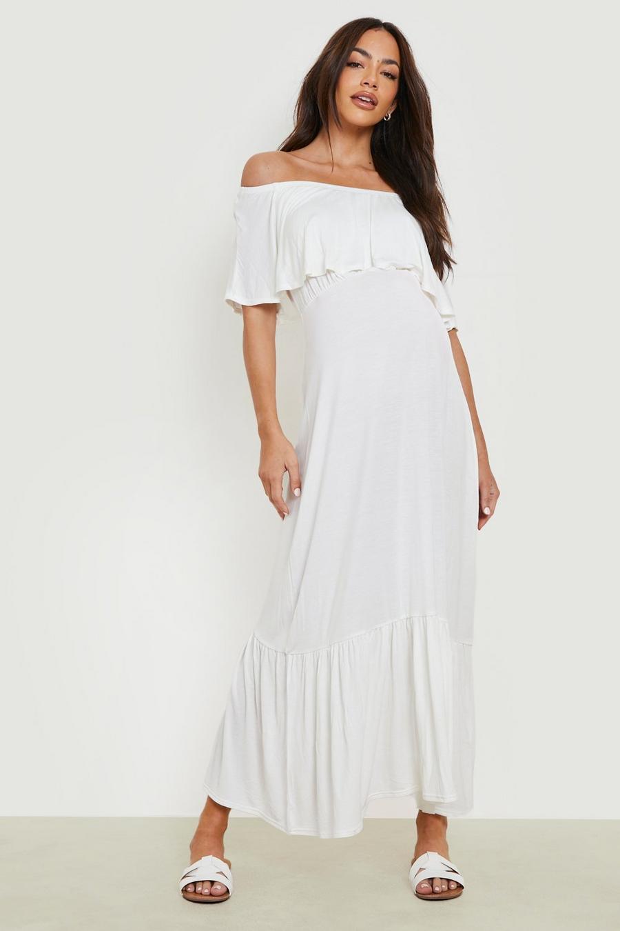 לבן שמלת מקסי בארדו להיריון עם מכפלת מסולסלת image number 1