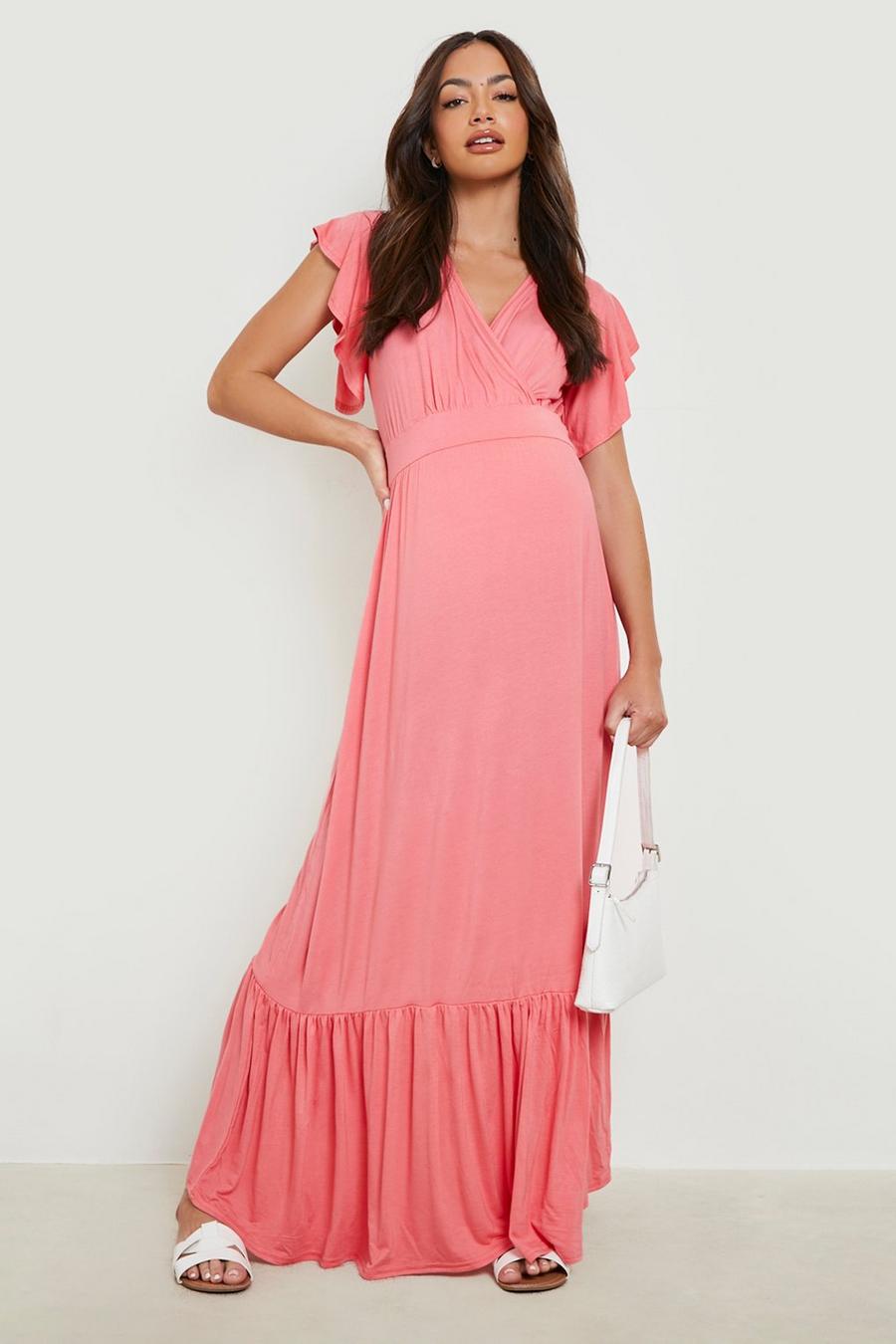 Coral pink Maternity Angel Sleeve Wrap Maxi Dress   