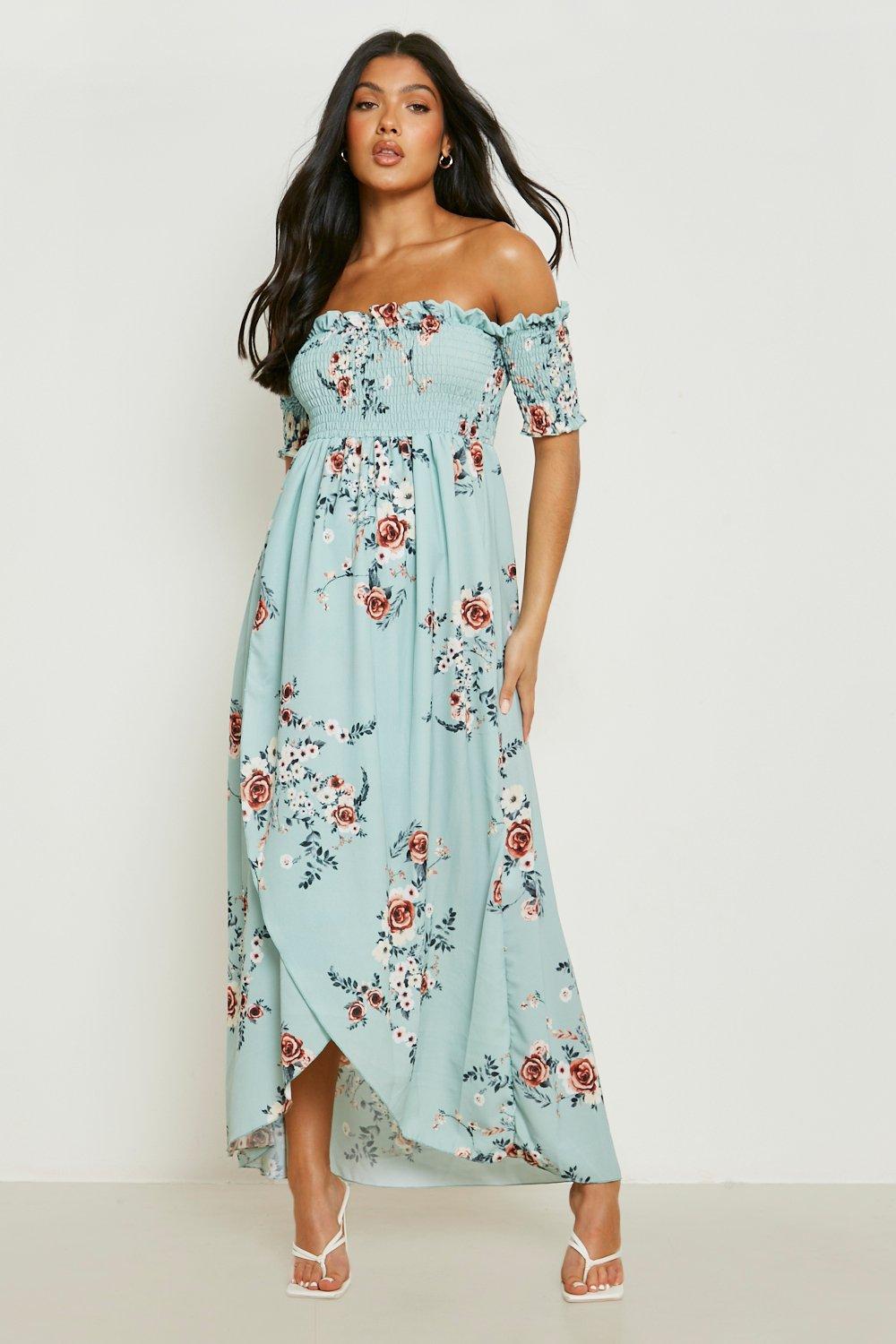 Maternity Floral Shirred Off Shoulder Maxi Dress