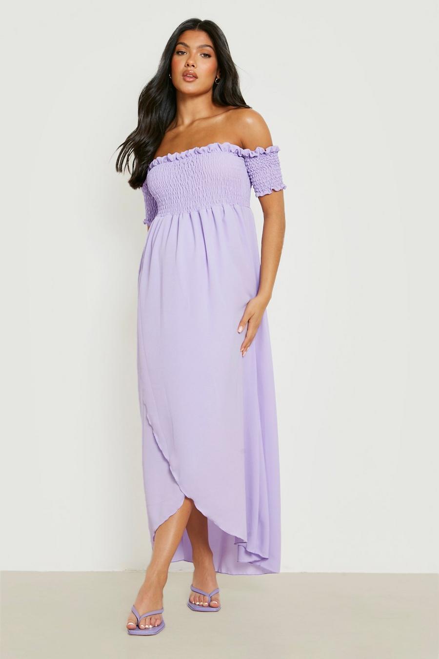 Lilac purple Maternity Shirred Off Shoulder Maxi Dress