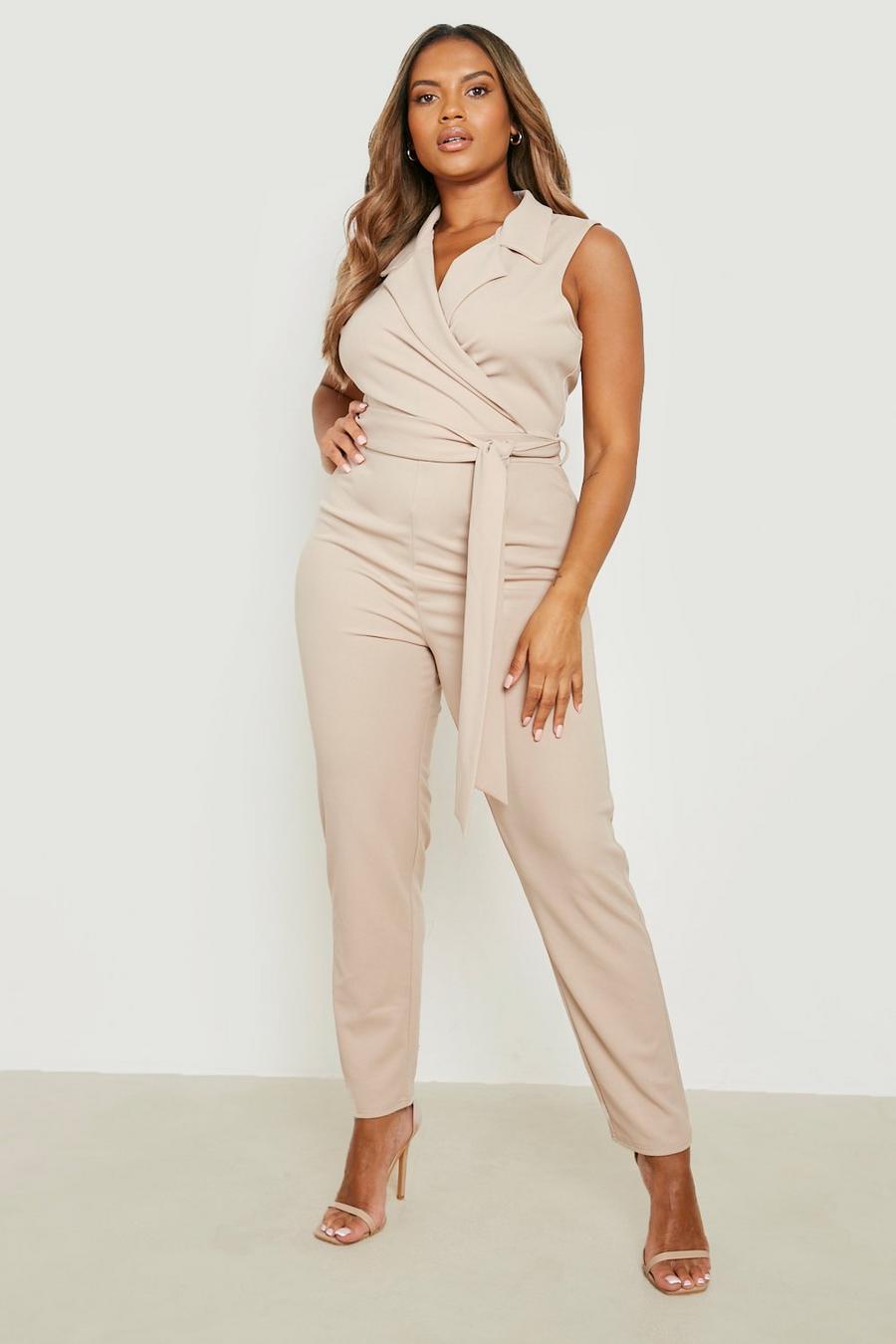 Stone beige Plus Tailored Belted Jumpsuit 