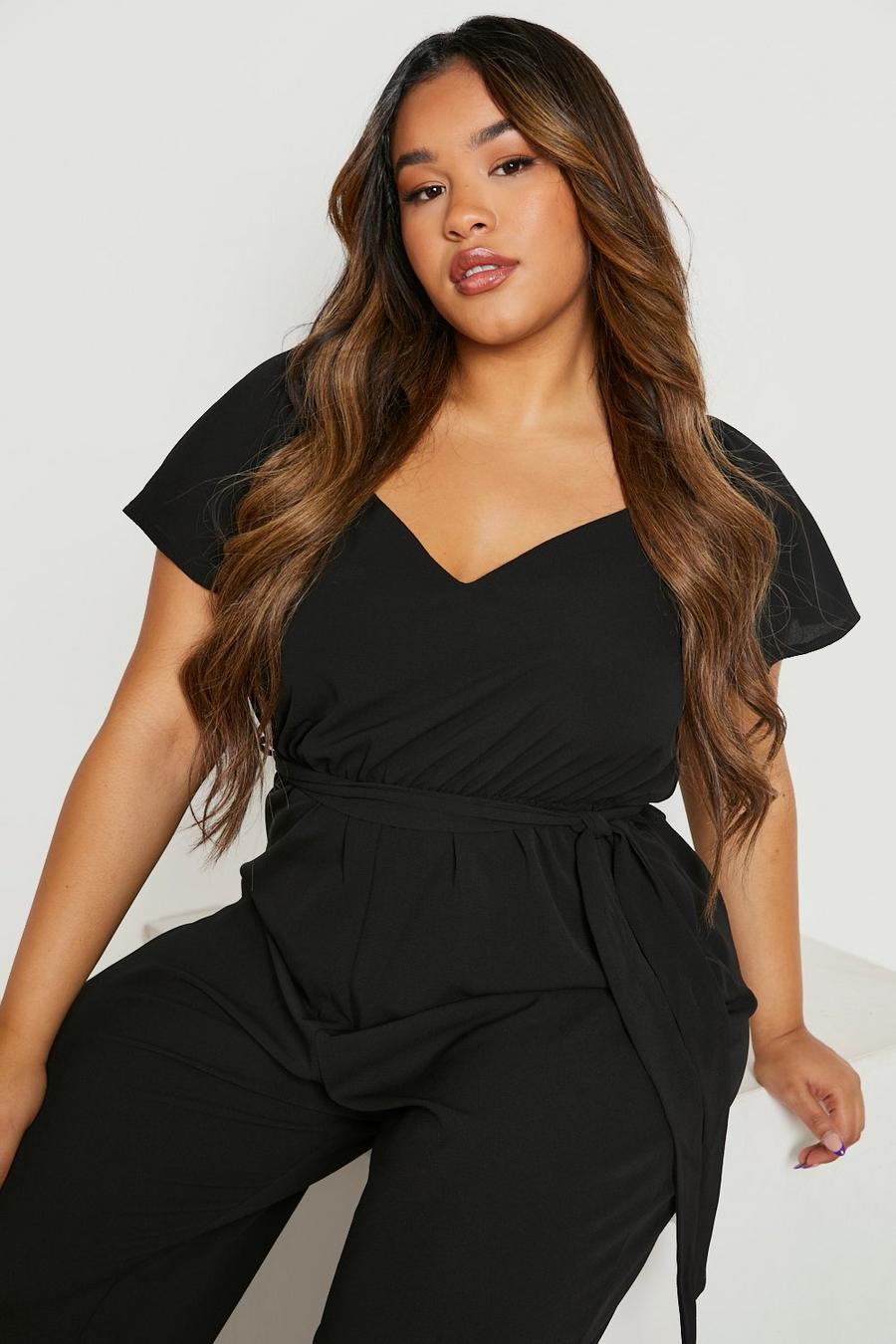 Black Plus Occasion Angel Sleeve Belted Jumpsuit
