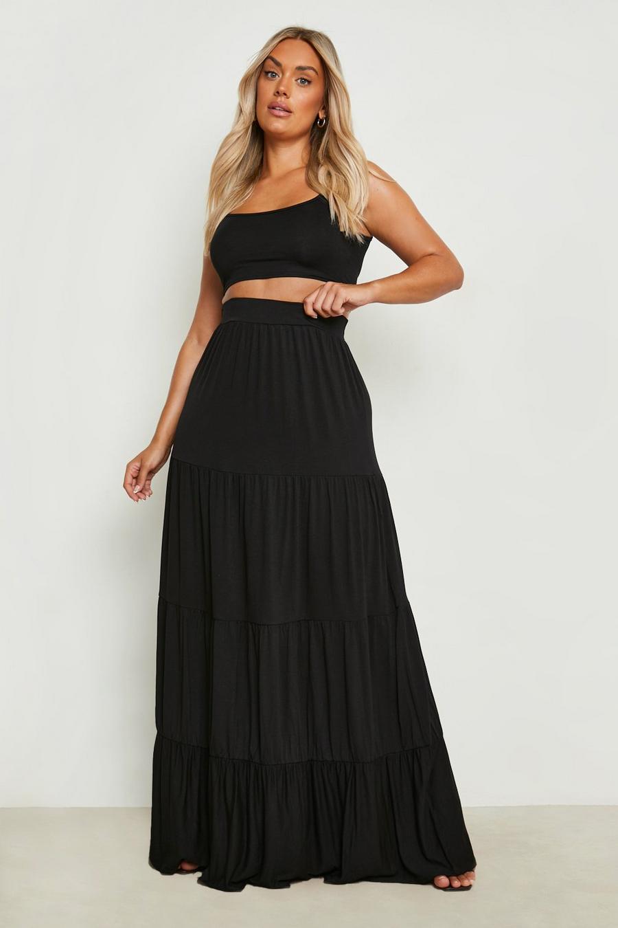 Black Plus Tiered Jersey Knit Maxi Skirt image number 1