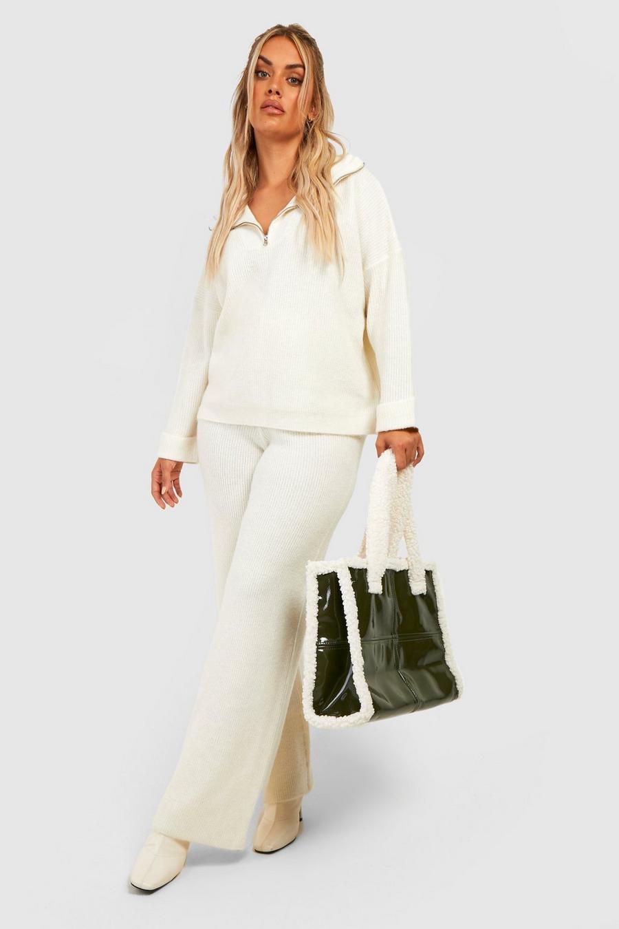 Ecru white Recycled Plus Knitted Funnel Neck Wide Leg Pants Set
