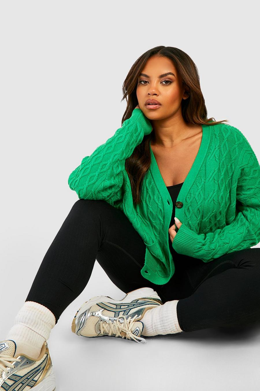 Green Plus Cable Knitted Boxy Cardigan image number 1