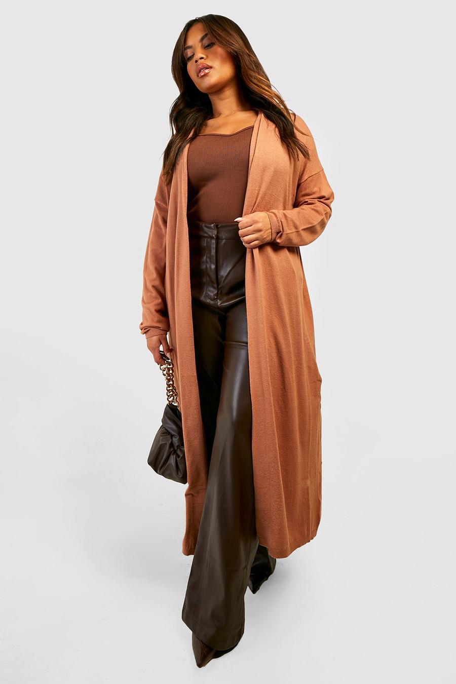 Cardigan Plus Size in maglia, Camel beis