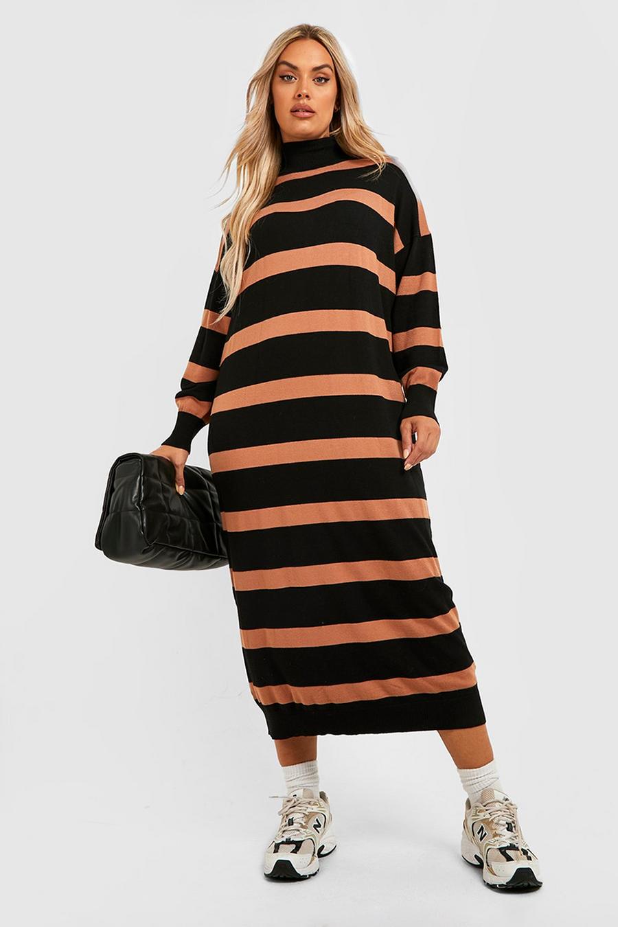 Black Plus Stripe Turtleneck Midaxi Knitted Dress image number 1