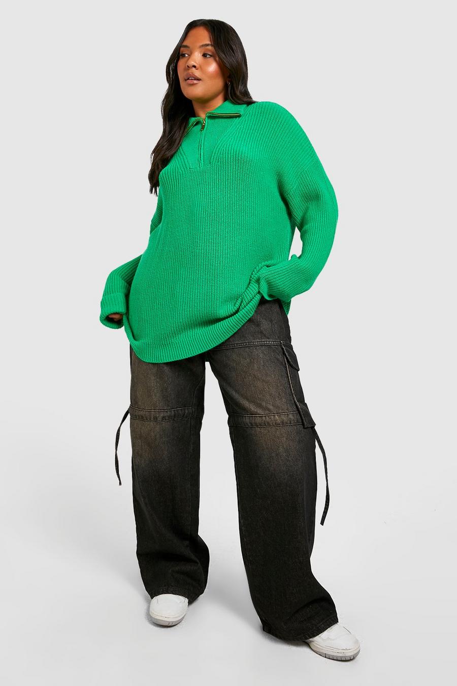 Maglione Plus Size con zip sul colletto, Green