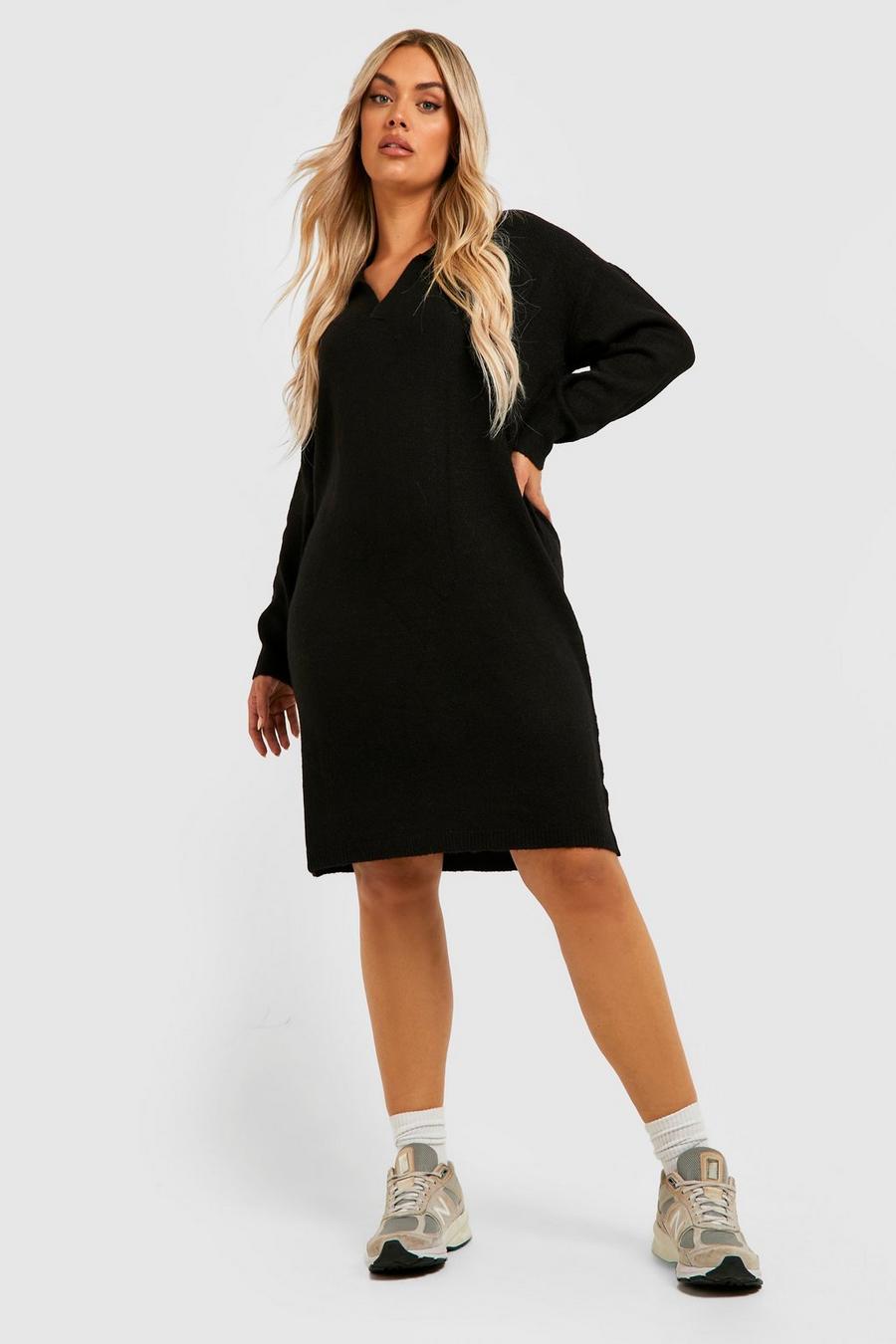 Black Plus Soft Knit Collared Sweater Dress image number 1
