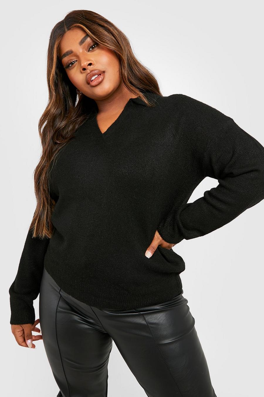 Black Plus Soft Knit Collared Sweater