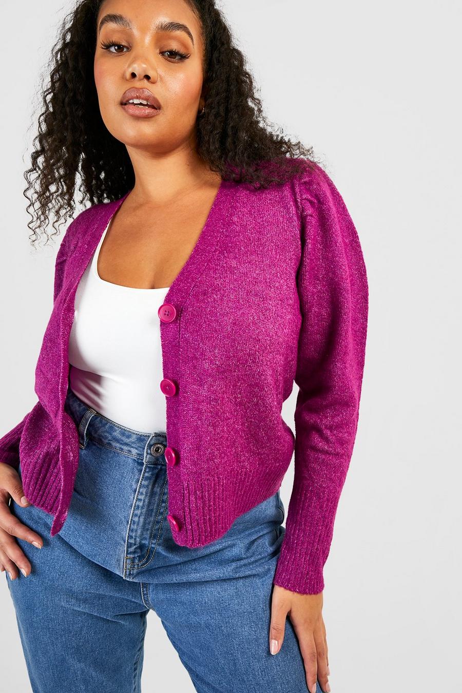 Fuchsia pink Plus Soft Knit Puff Sleeve Cardigan 