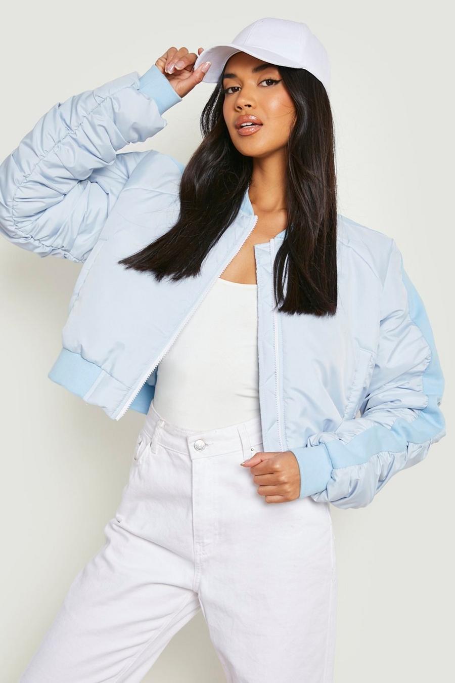 Sky blue Padded Ruched Sleeve Crop Bomber