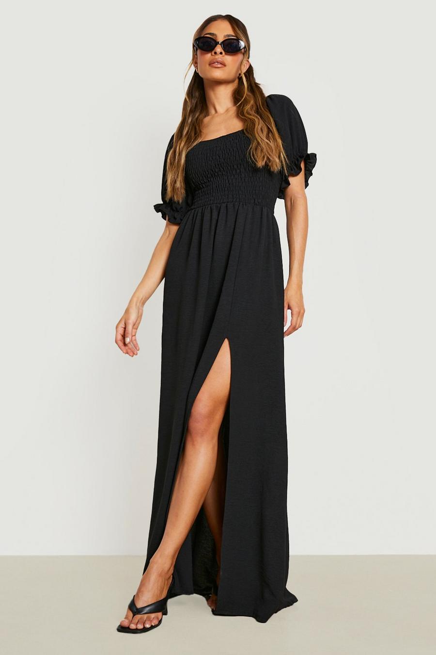 Black Puff Sleeve Shirred Maxi Dress image number 1