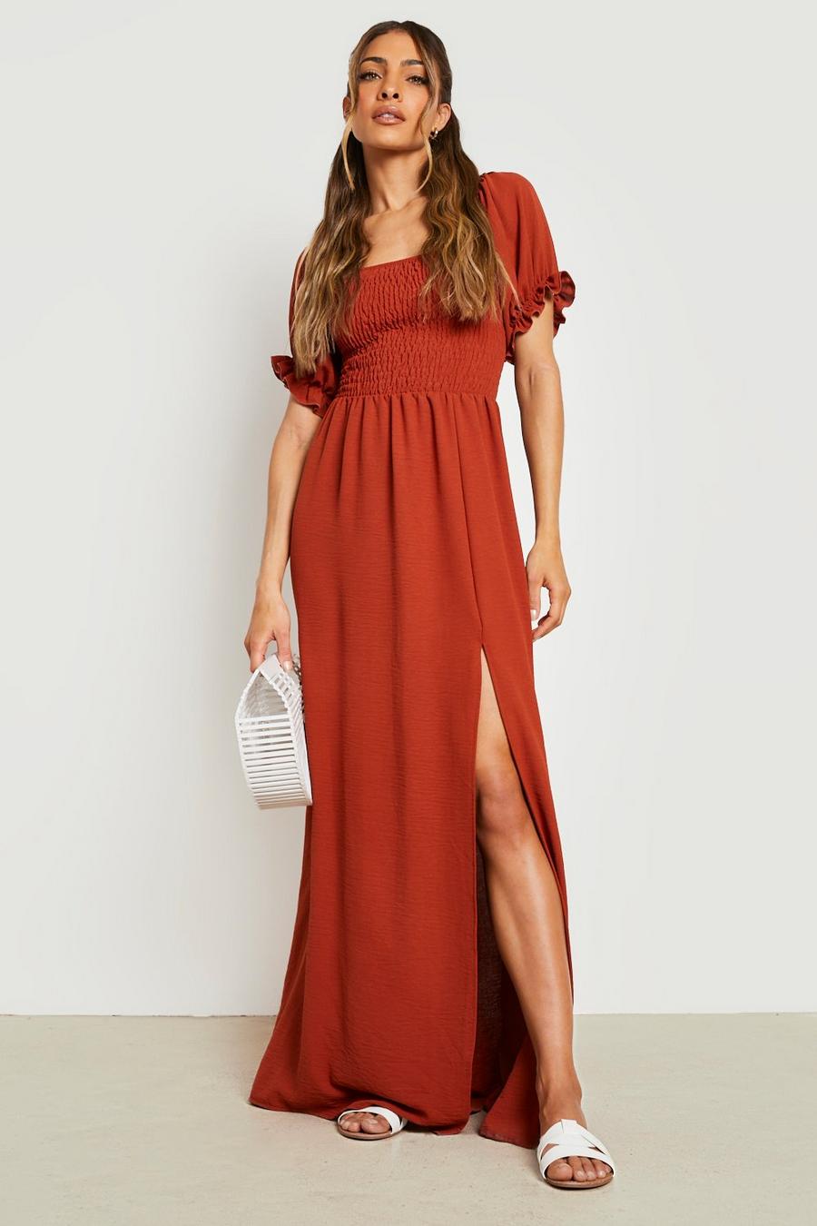 Rust Puff Sleeve Shirred Maxi Dress image number 1