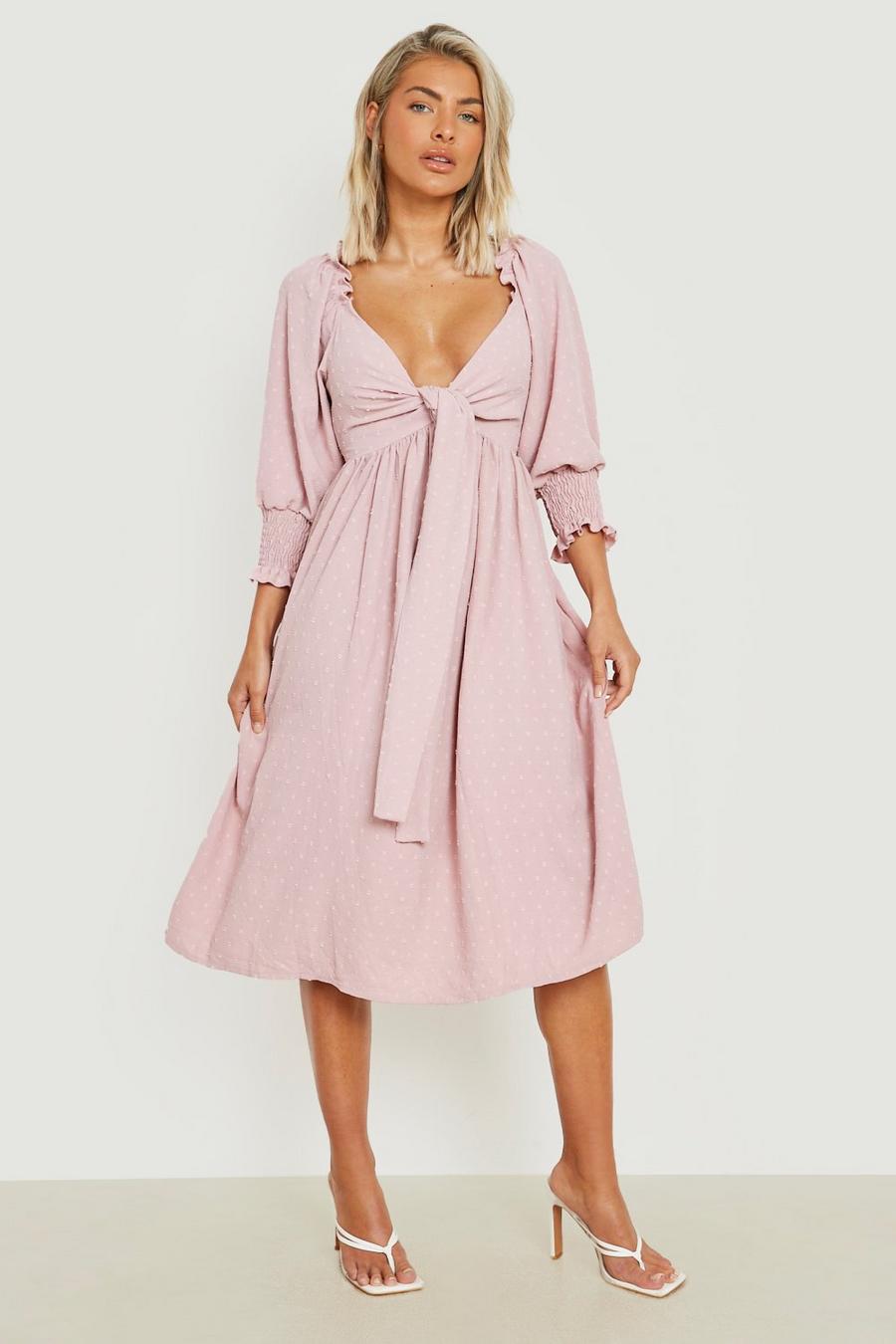 Rose Dobby Tie Front Midi Dress image number 1
