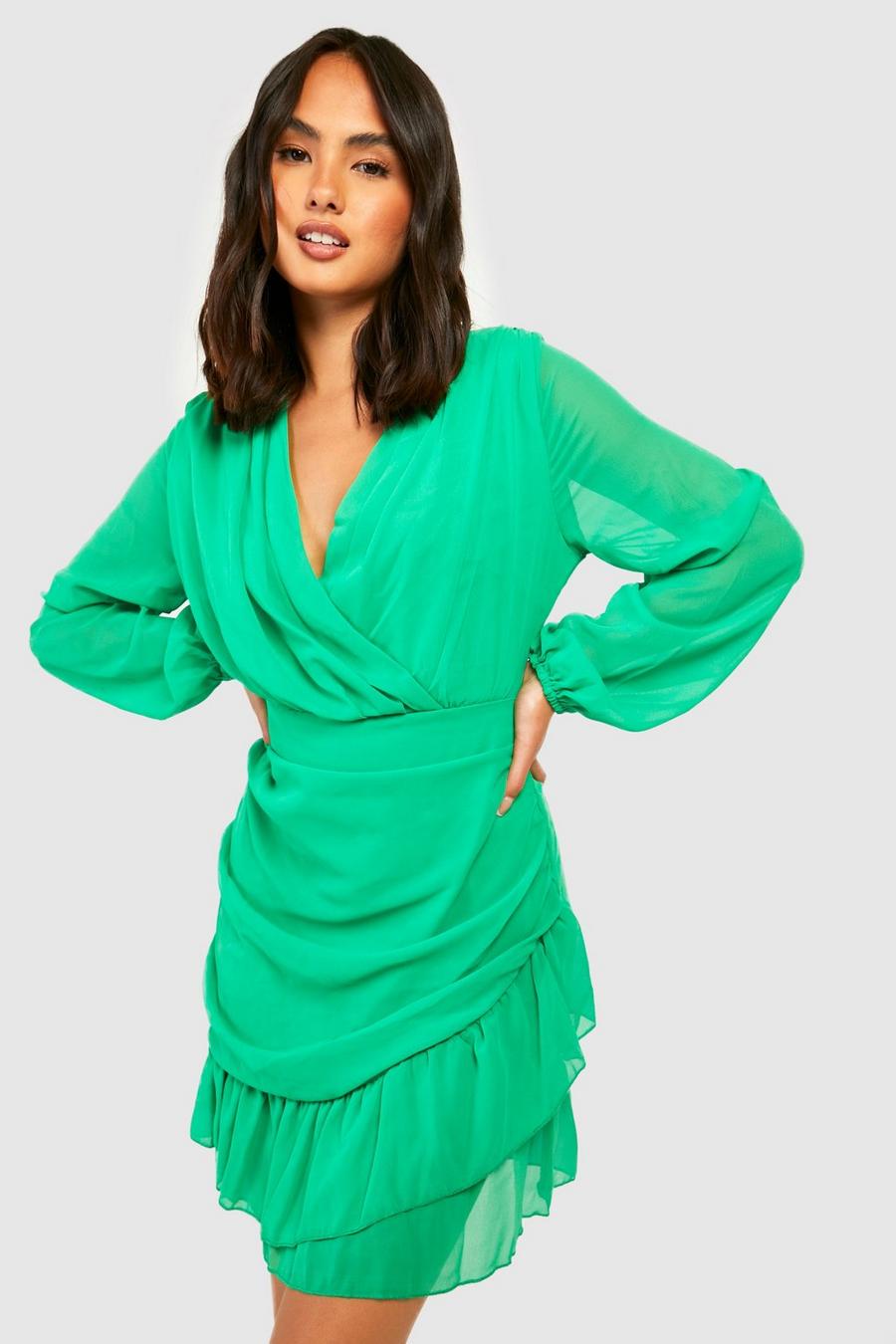 Green Chiffon Ruffle Wrap Dress  image number 1