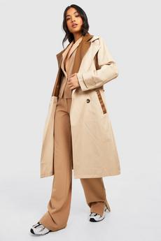 boohoo camel Petite Pu Contrast Belted Trench Coat