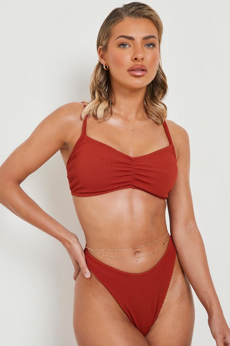 Bikini texturé froncé avec bas taille haute, Mocha image number 1
