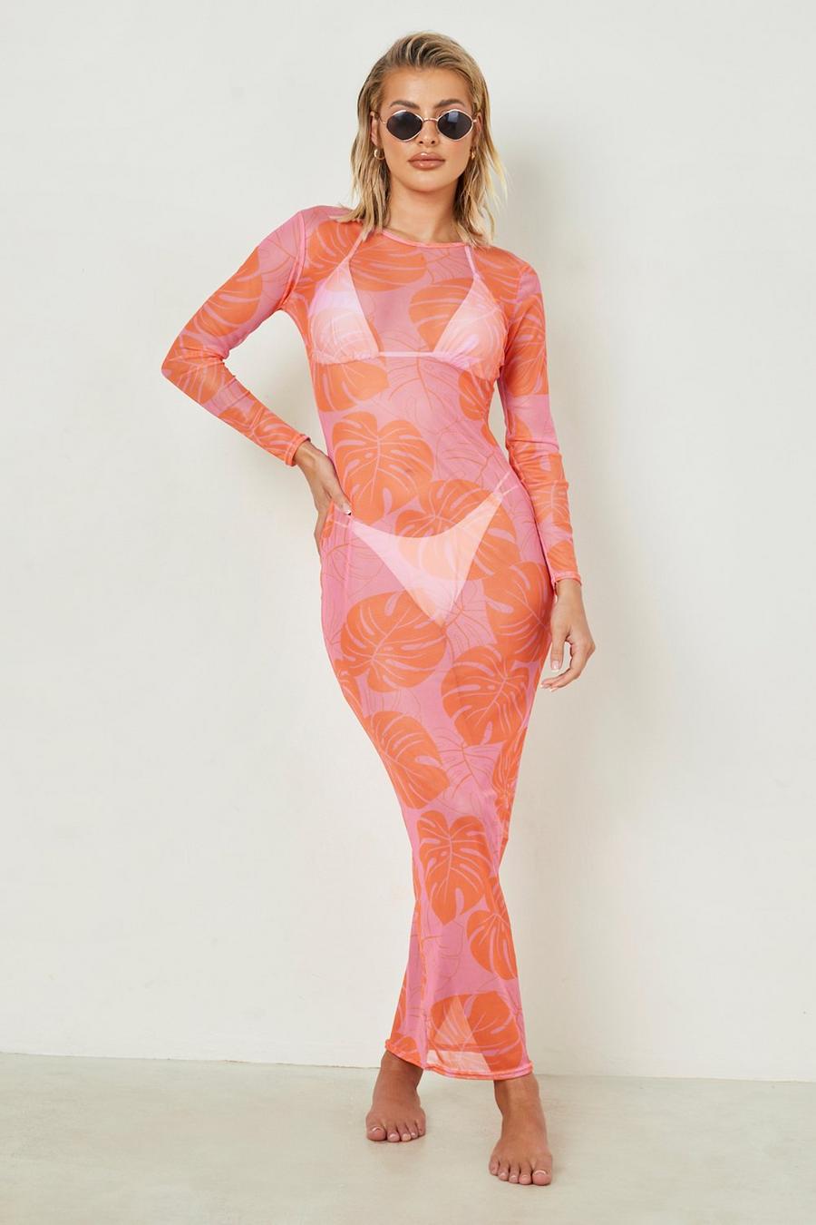 Pink Tropical Mesh Cover Up Maxi Beach Dress
