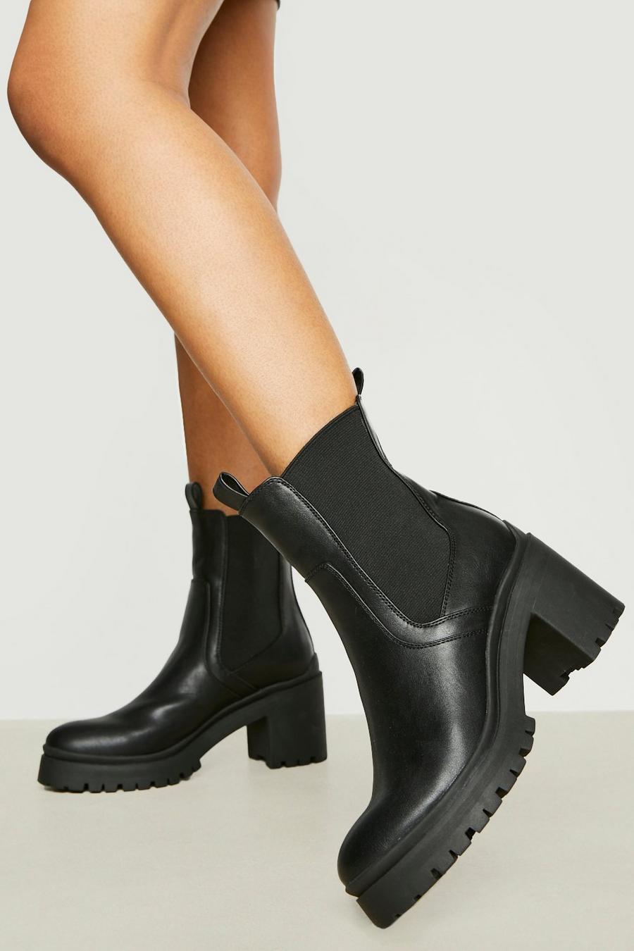 Black Double Tab Seam Detail Heeled Chelsea Boots