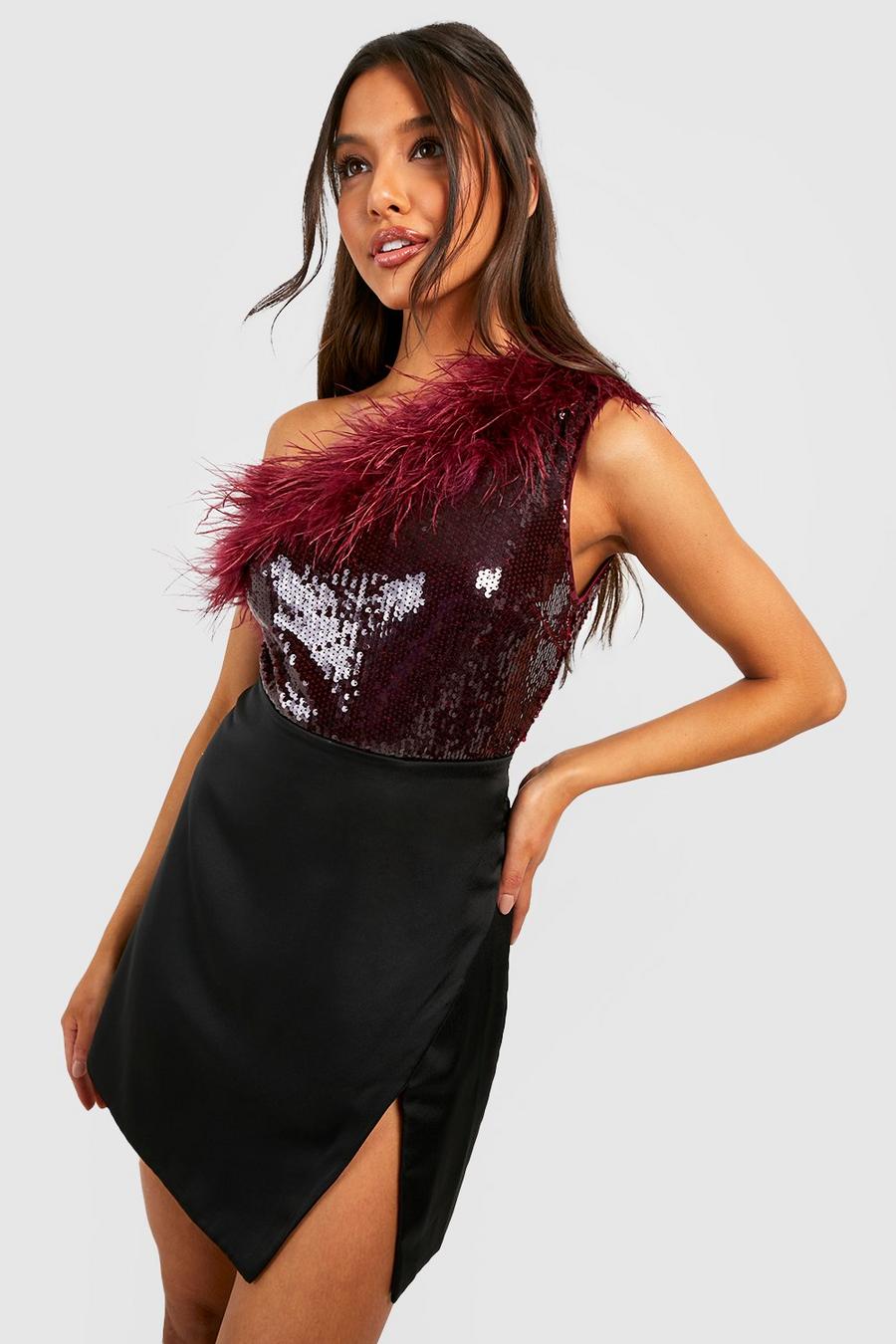 Berry red One Shoulder Feather And Sequin Bodysuit 
