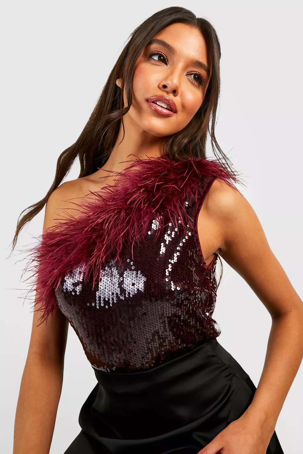 Berry One Shoulder Feather And Sequin Bodysuit  alternative image