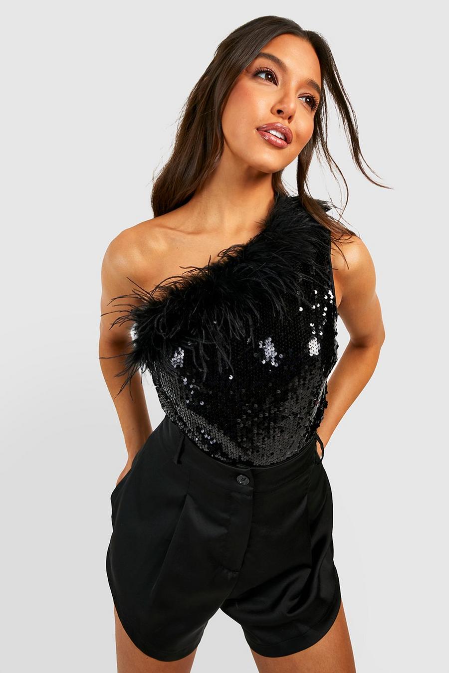 Black One Shoulder Feather And Sequin Bodysuit 