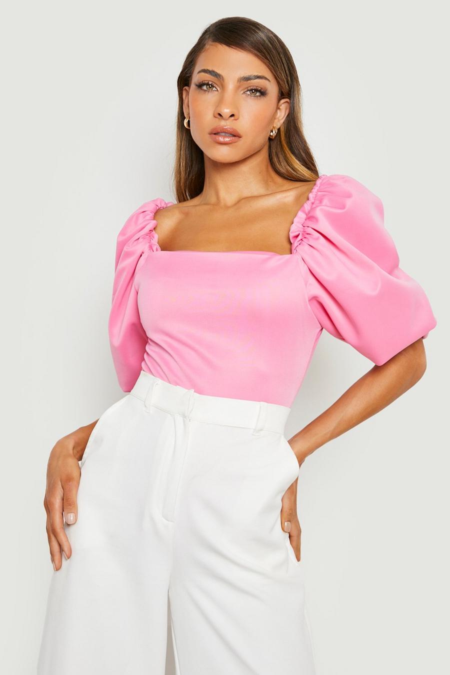 Pink Square Neck Puff Sleeve Bodysuit image number 1
